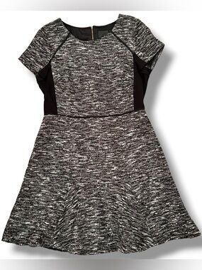 J Crew Black Gray White Mixed Tweed Panel Fit and Flare Flounce Dress Sz 12 EUC